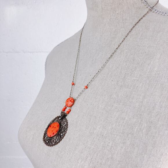 VTG Art Deco Peking Glass Style Red Glass 1920s-1930s Filigree Necklace Pendant - Picture 16 of 16